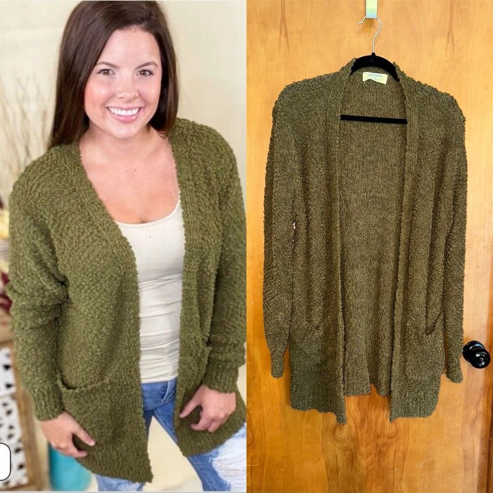 Zenana Women's Knit Cardigan Sweater L Green Open Front w/ Pockets
